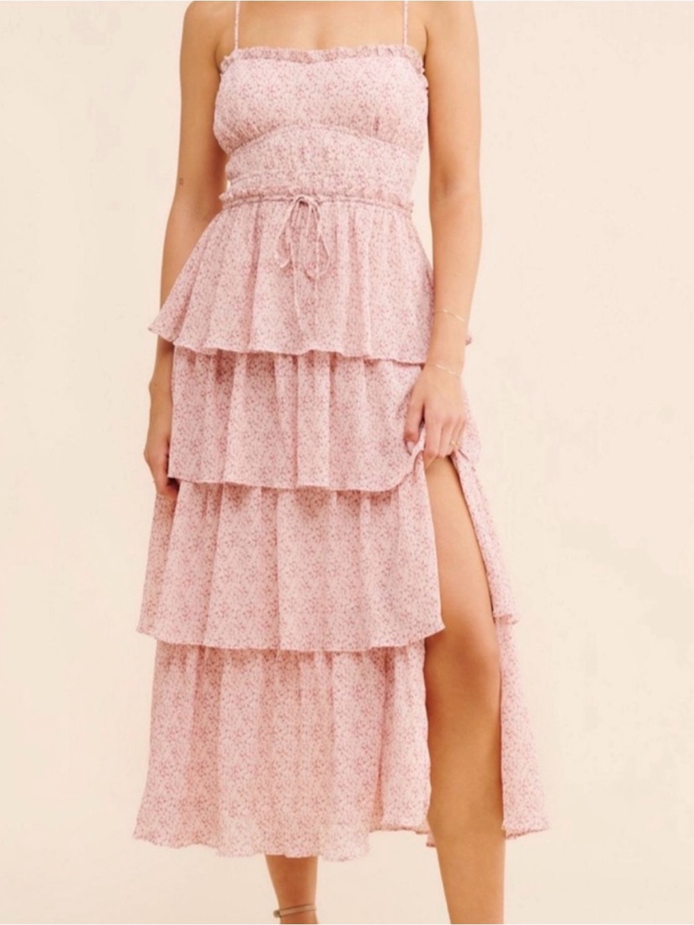 Astr Blush Pink Floral Tiered Maxi Dress with Side Slit